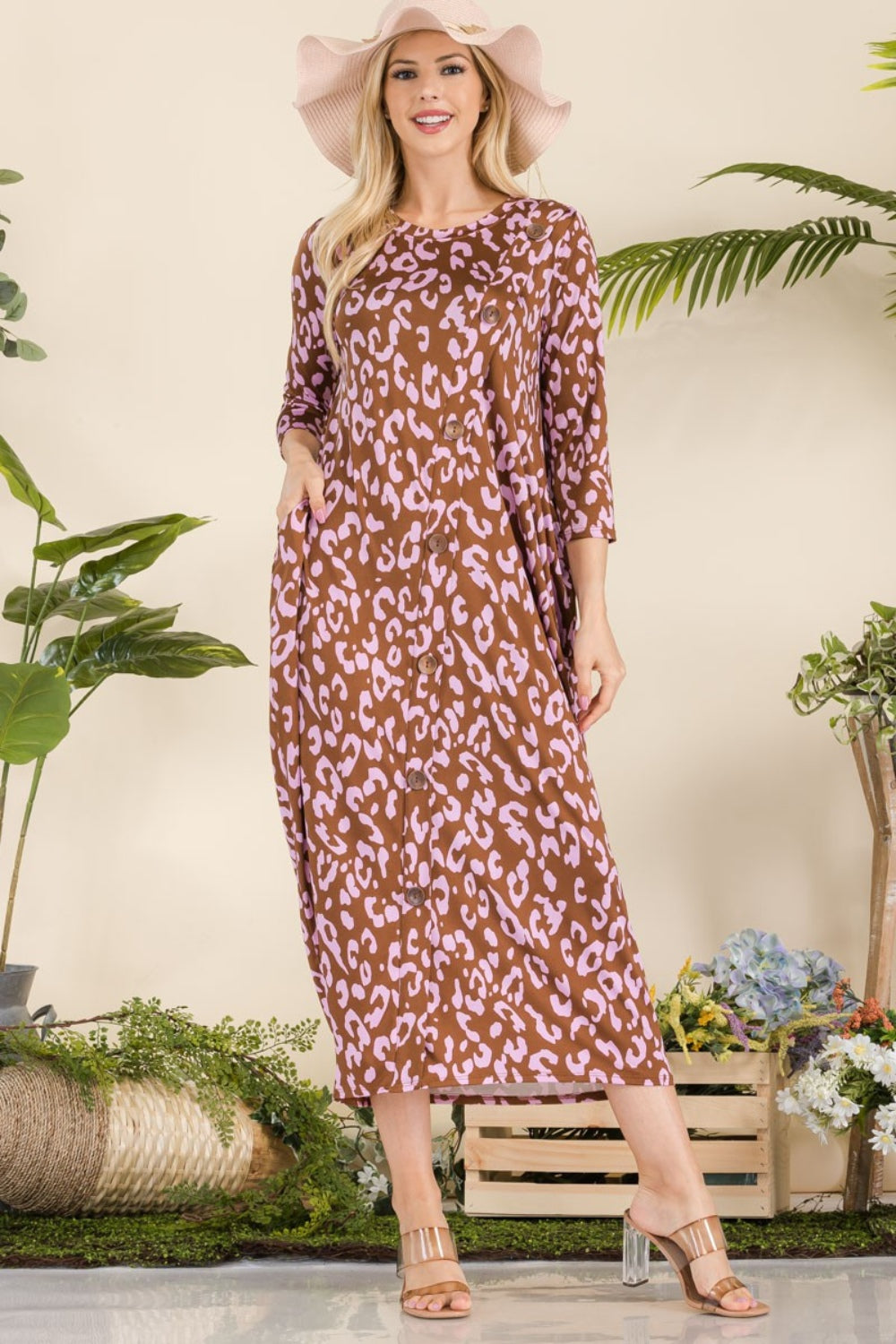 Celeste Full Size Leopard Contrast Dress with Pockets - Classique Collection
