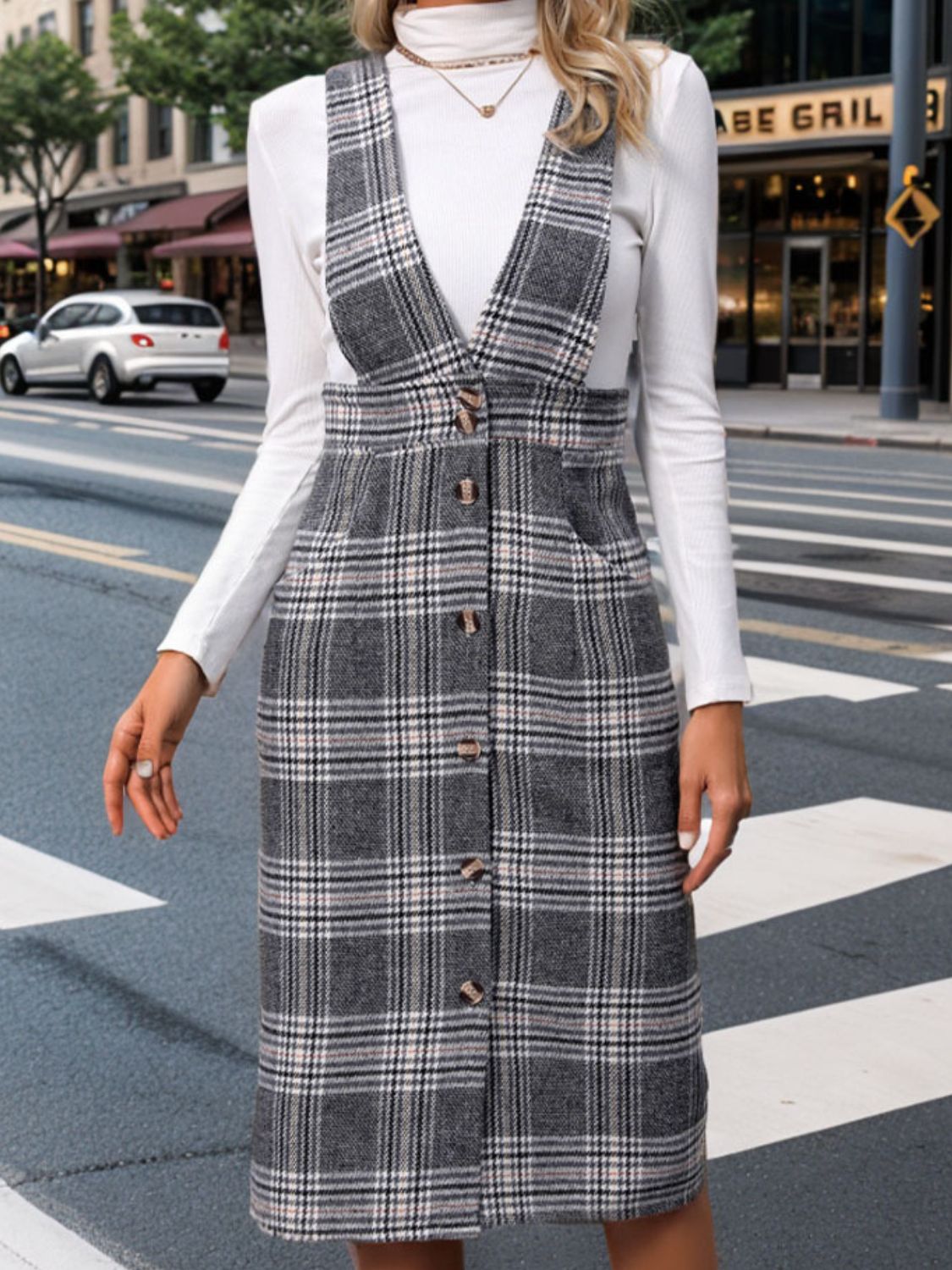Perfee Pocketed Plaid Overall Dress - Classique Collection