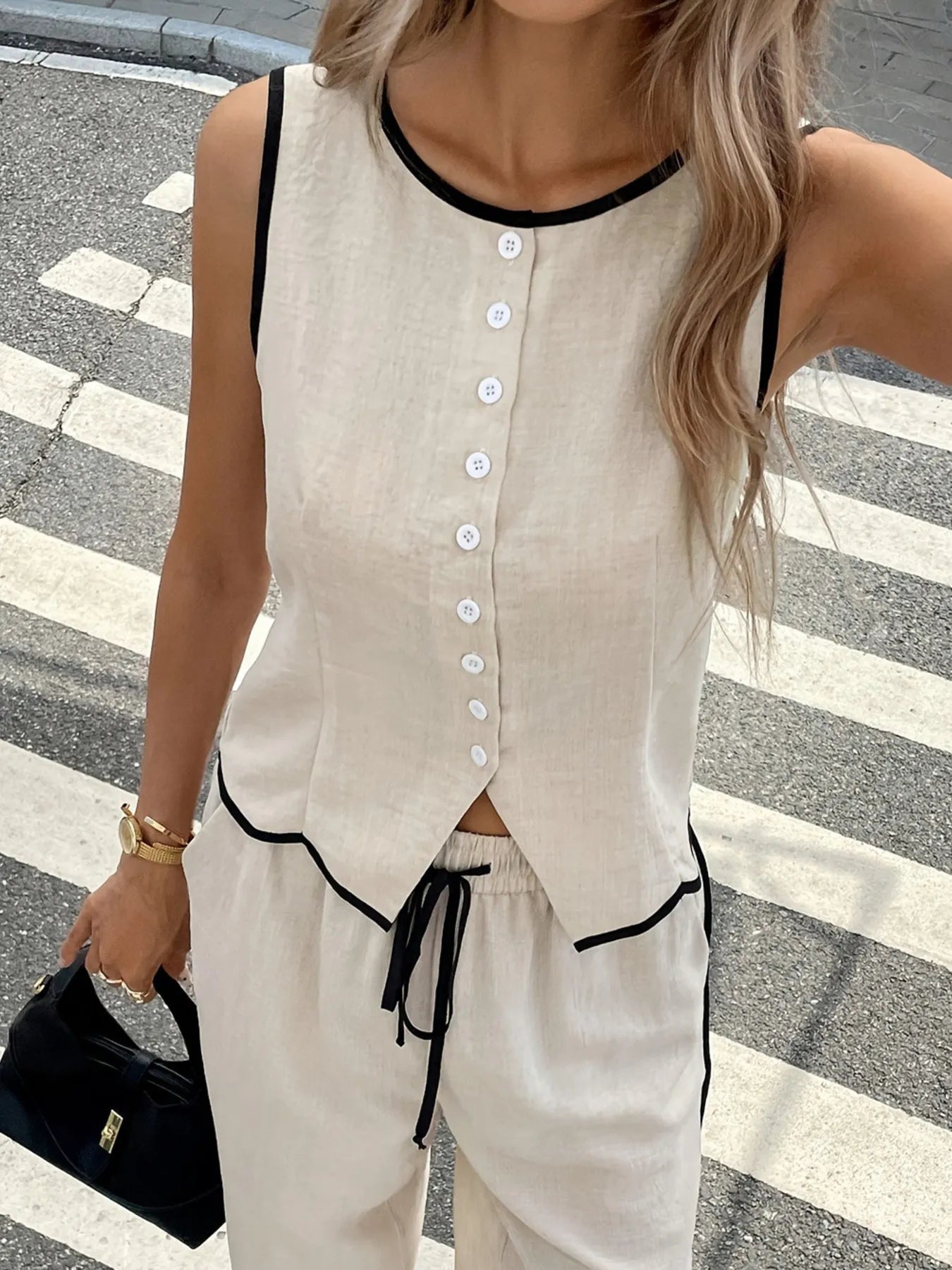 Casual Button - Up Tank and Wide - Leg Pants Set