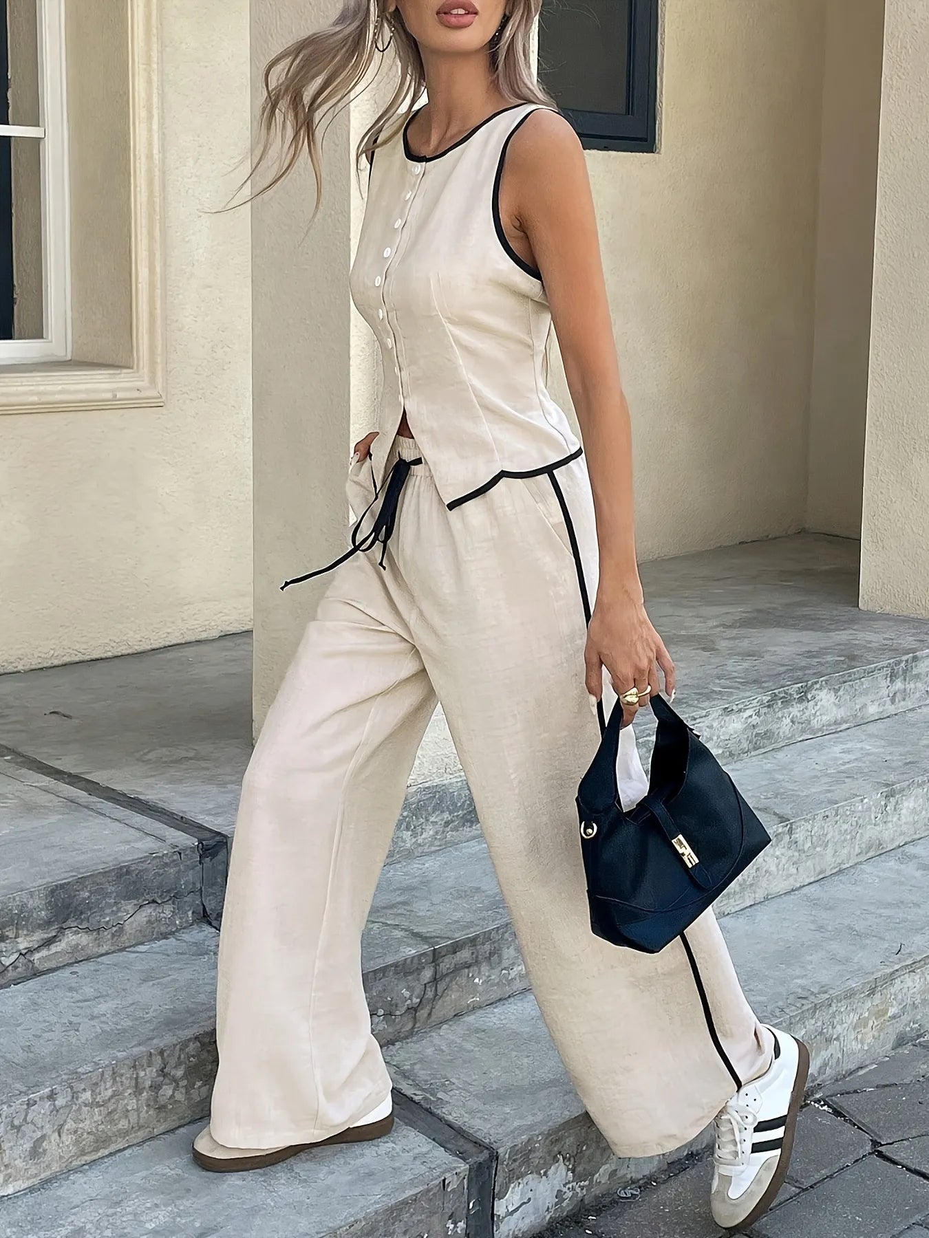 Casual Button - Up Tank and Wide - Leg Pants Set