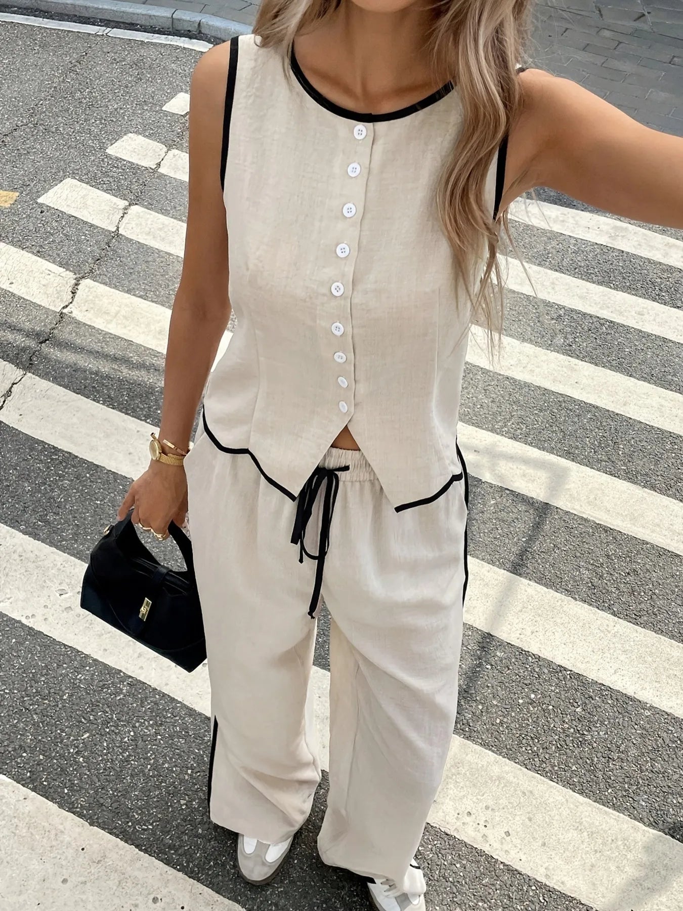 Casual Button - Up Tank and Wide - Leg Pants Set