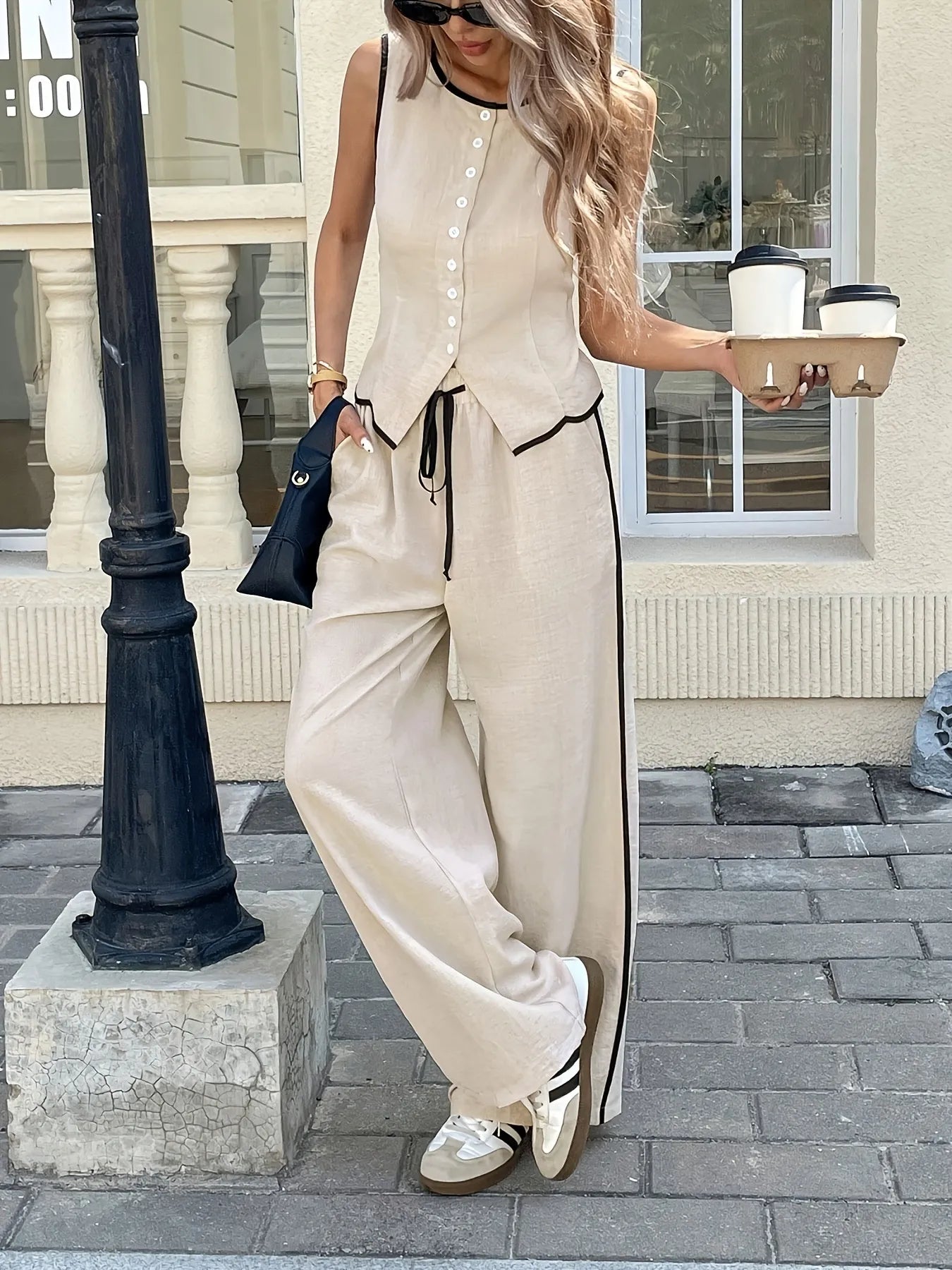 Casual Button - Up Tank and Wide - Leg Pants Set