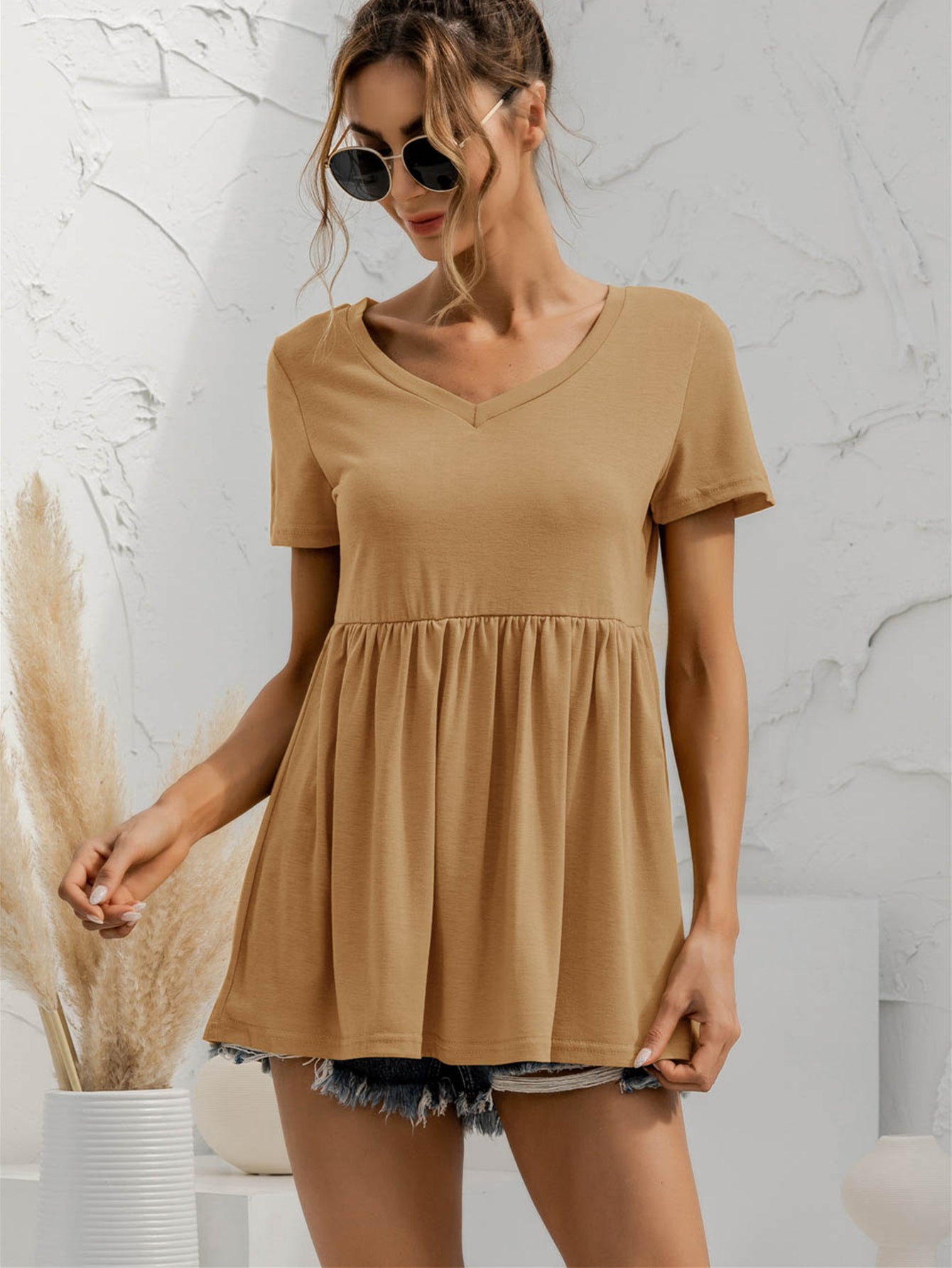 V-Neck Short Sleeve Babydoll Top - Classique Collection