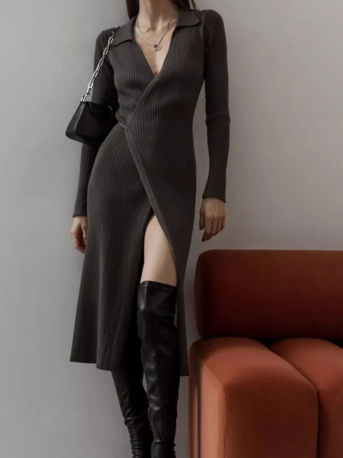 Tied Collared Neck Long Sleeve Sweater Dress - Classique Collection