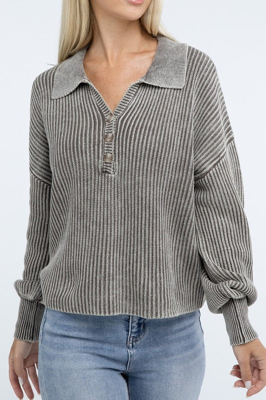 Washed Collared Henley Sweater - Classique Collection