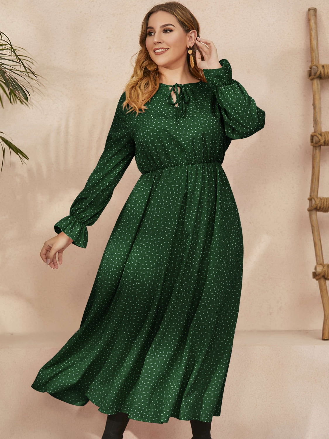 Honey Plus Size Ruffled Polka Dot Long Sleeve Midi Dress - Classique Collection