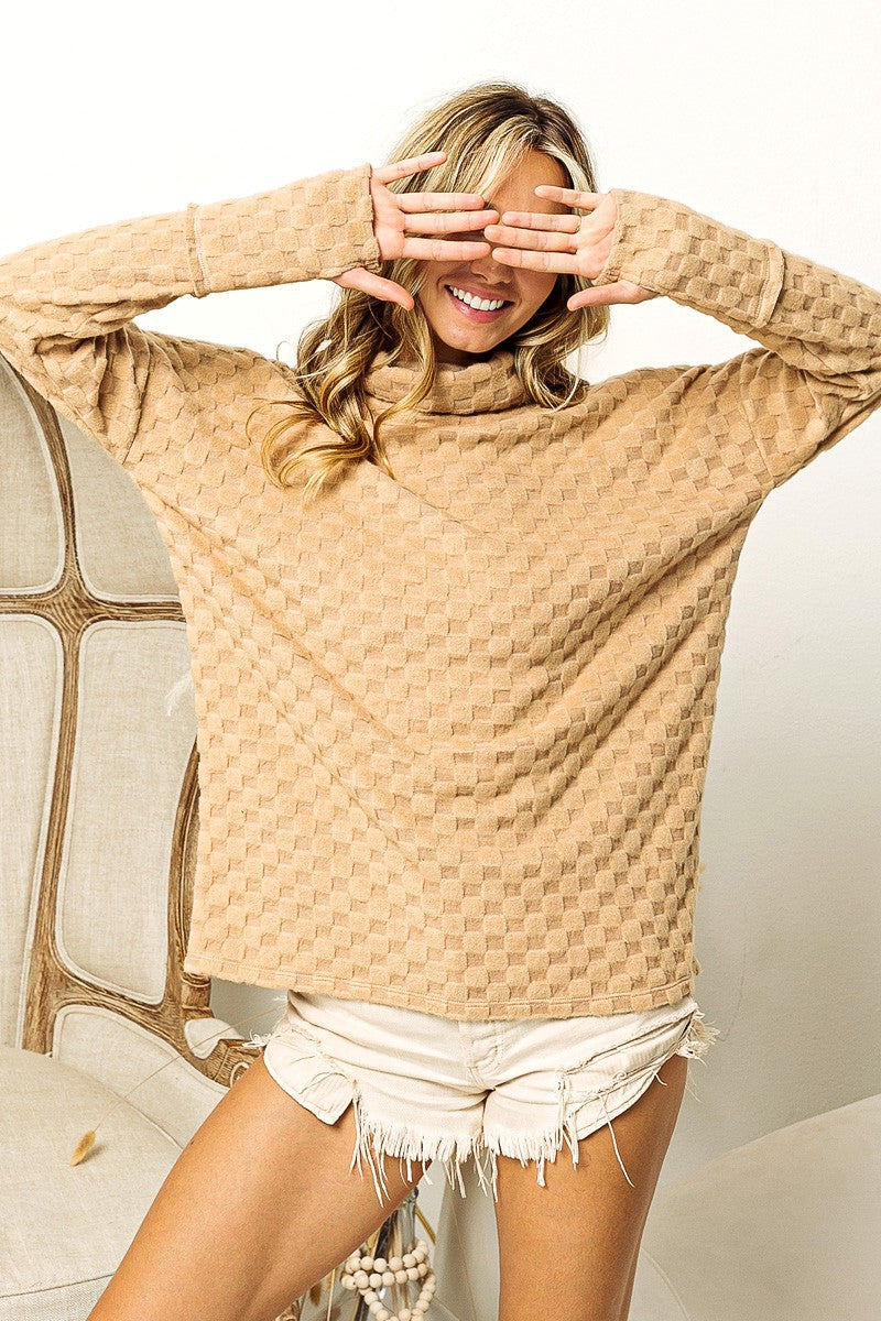 BiBi Checkered Round Neck Thumbhole Long Sleeve Top - Classique Collection