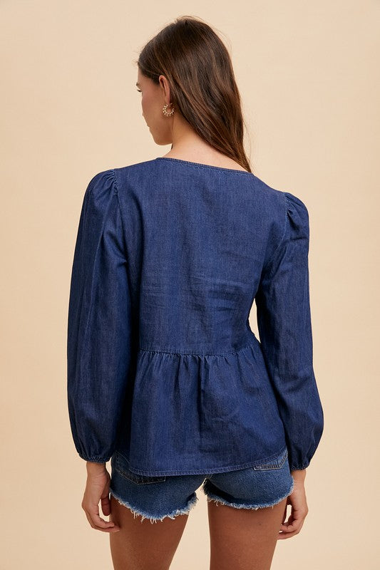 Annie Wear Tie Front Peplum Long Sleeve Denim Top - ClassiQ