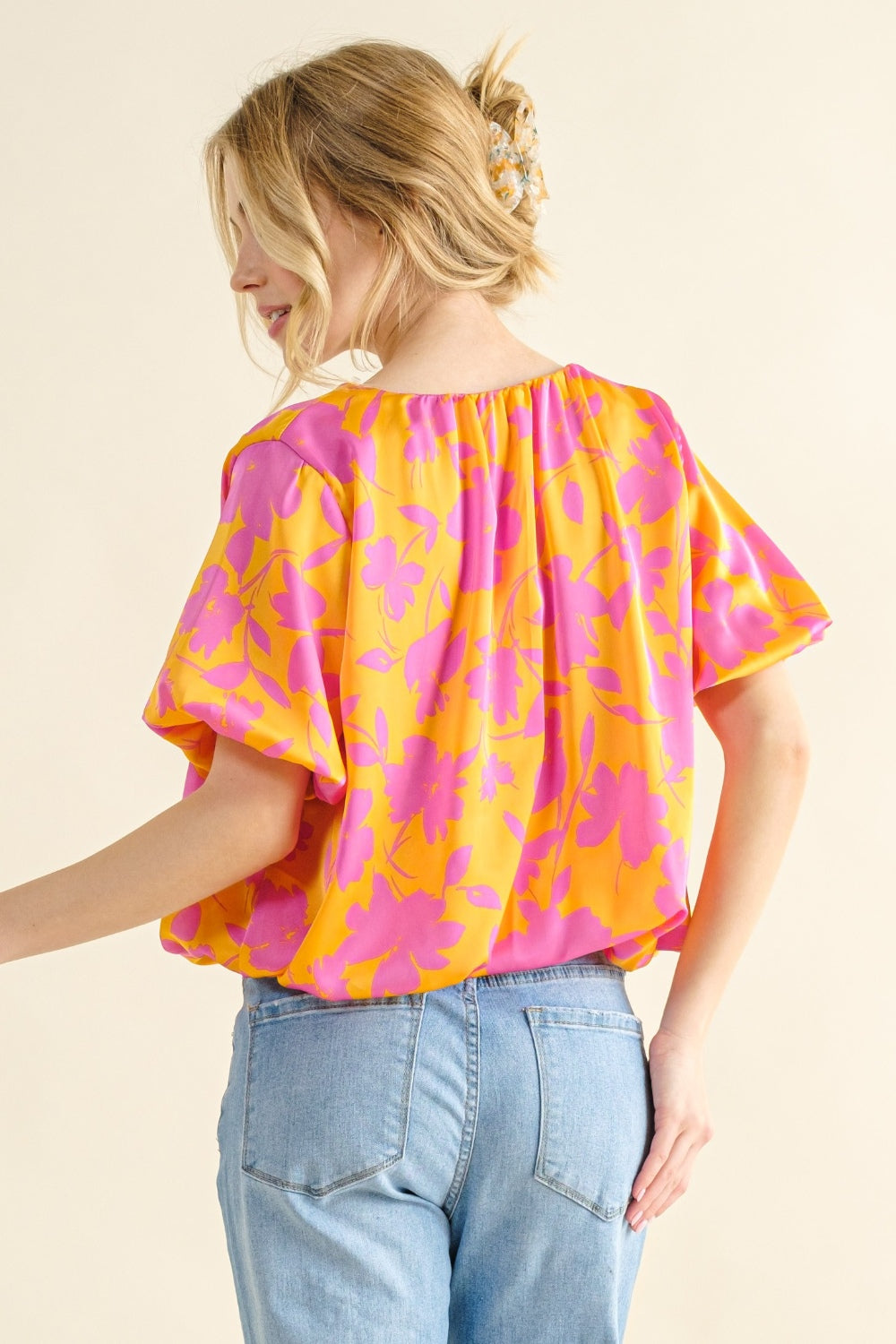 And The Why Full Size Printed Satin Bubble Hem Top - Classique Collection