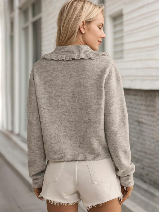 Frill Button Up Collared Neck Long Sleeve Cardigan - ClassiQ