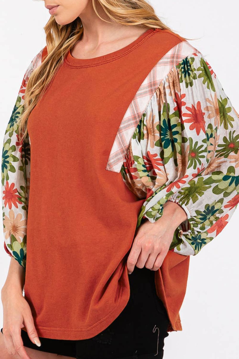 Printed Round Neck Balloon Sleeve Blouse - Classique Collection