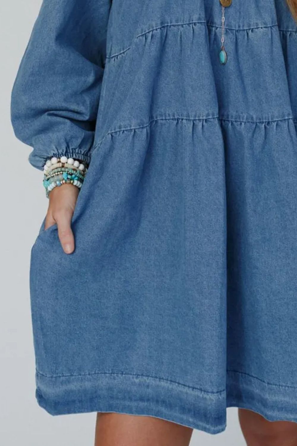 Tied Square Neck Long Sleeve Denim Dress with Pockets - Classique Collection