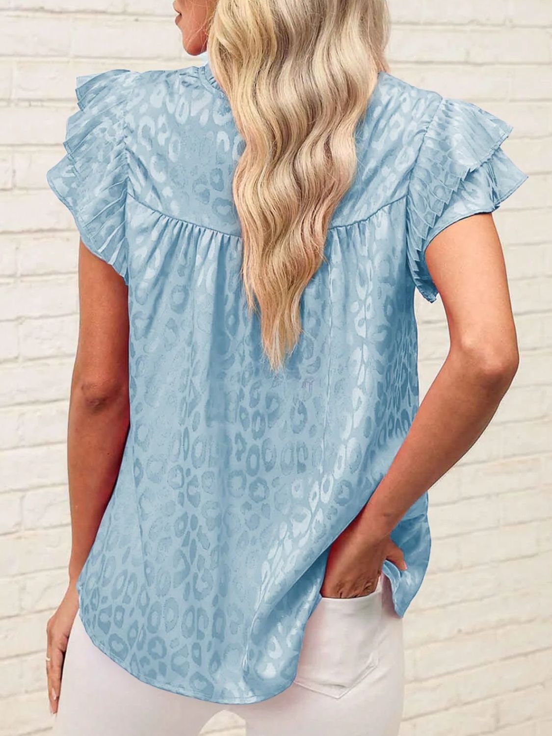 Leopard Frill Mock Neck Ruffled Cap Sleeve Top - Classique Collection