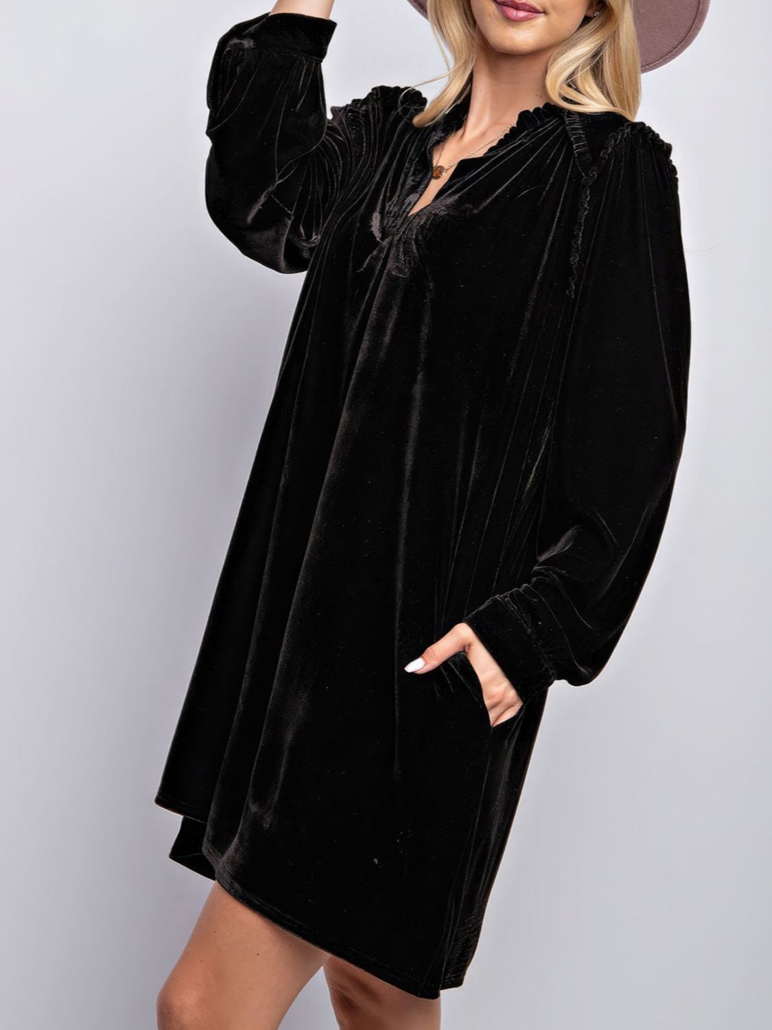 Frill Notched Long Sleeve Dress with Pockets - Classique Collection
