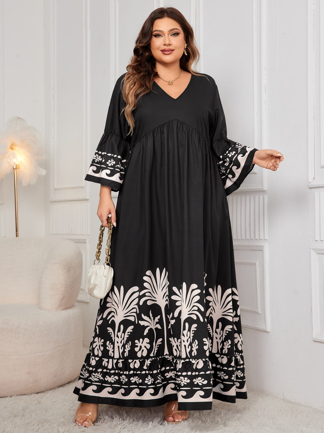 Honey Plus Size Printed V-Neck Long Sleeve Maxi Dress - Classique Collection