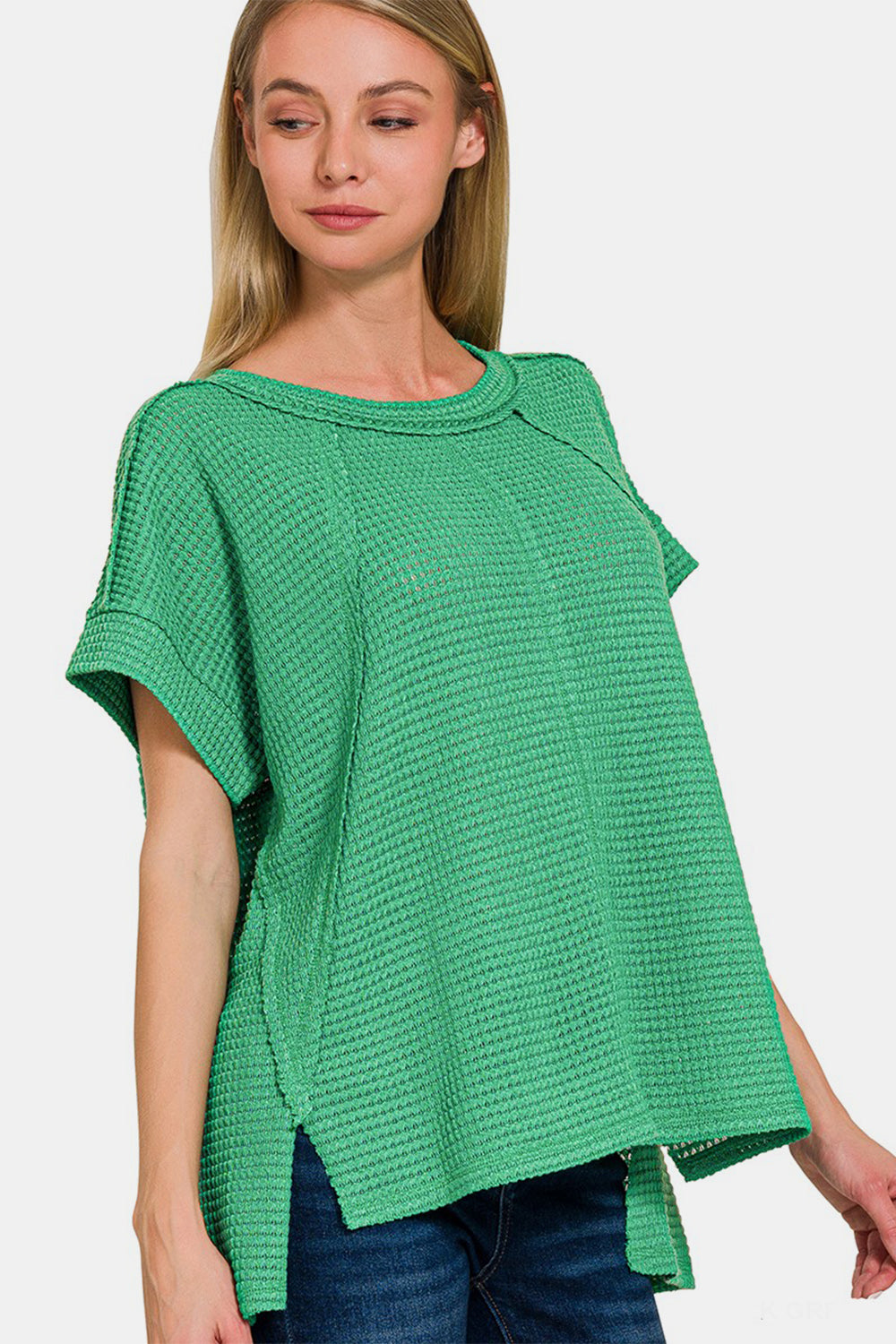 Zenana Waffle Exposed-Seam Short Sleeve T-Shirt - Classique Collection