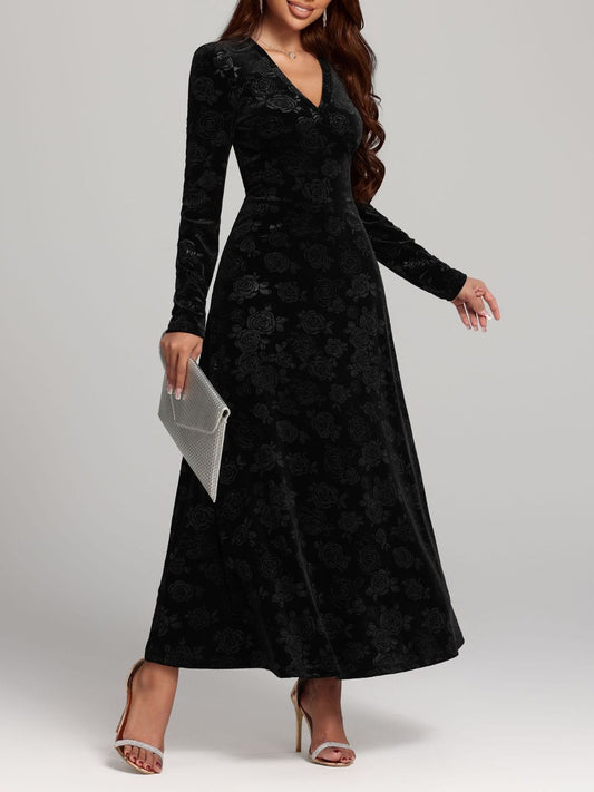 Rose Print V-Neck Long Sleeve Dress - Classique Collection