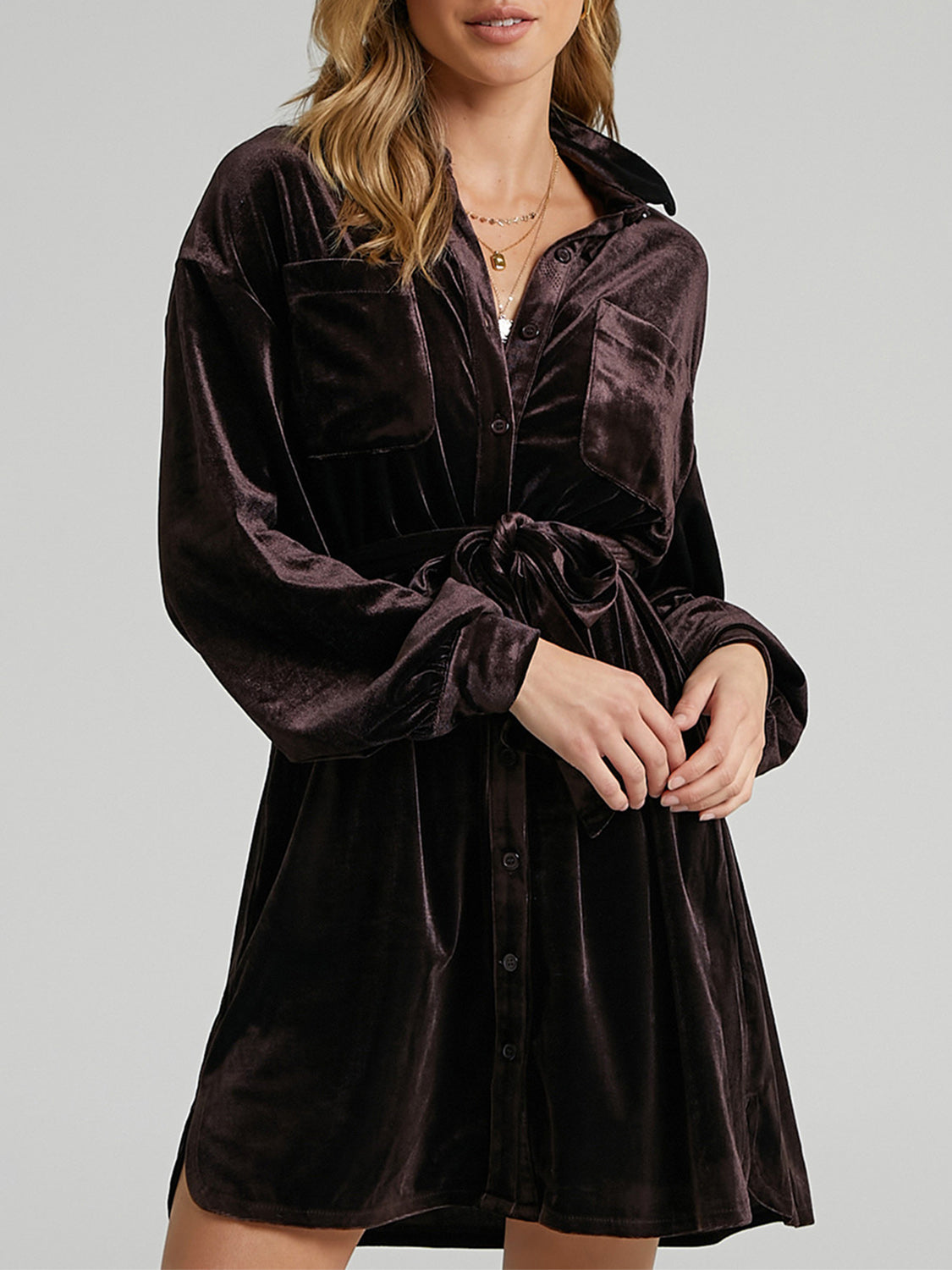 Collared Neck Button Down Long Sleeve Mini Dress - Classique Collection