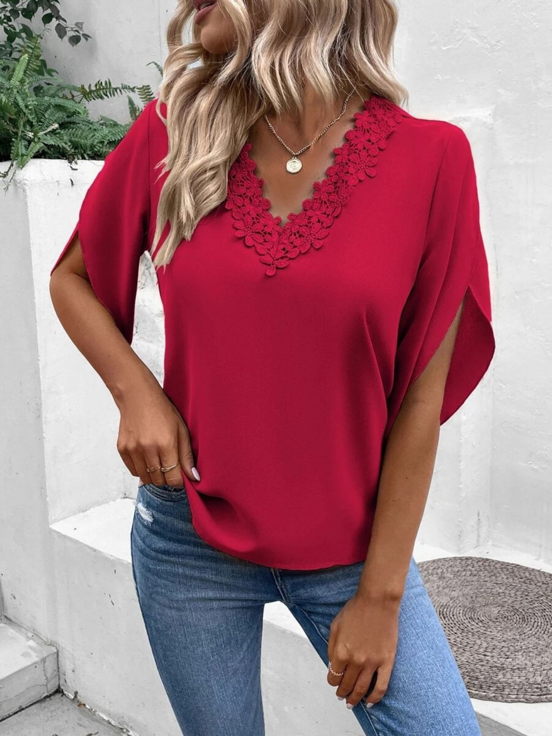 Lace Detail V-Neck Half Sleeve Blouse - Classique Collection