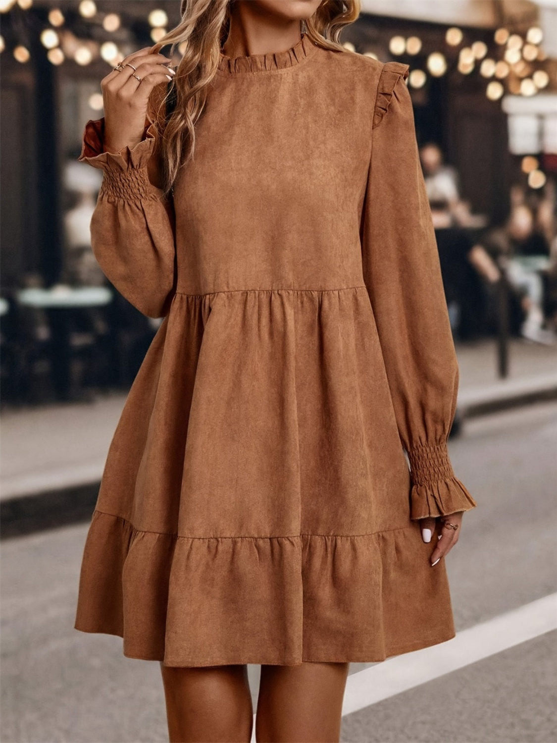 Frill Round Neck Long Sleeve Mini Dress - Classique Collection