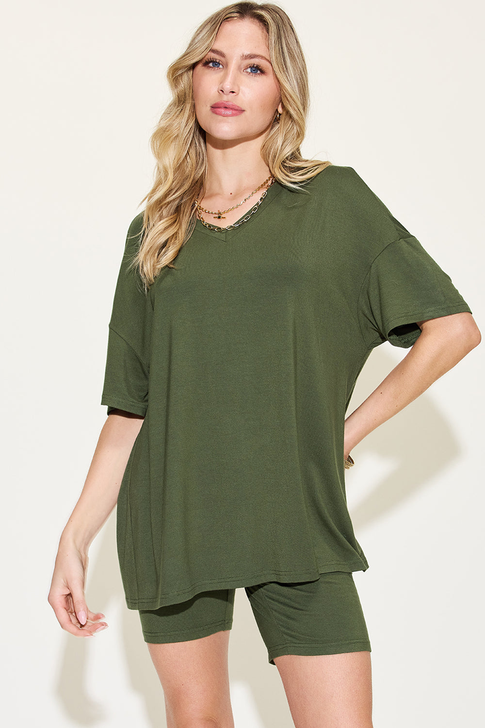 Basic Bae Full Size V-Neck Drop Shoulder T-Shirt and Shorts Set - ClassiQ