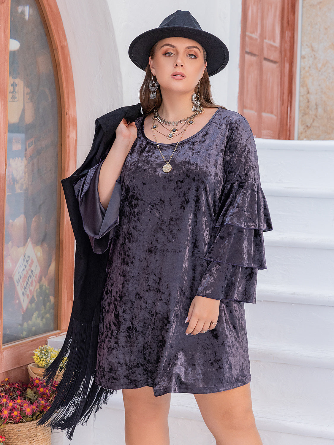 Plus Size Round Neck Flounce Sleeve Mini Dress - Classique Collection