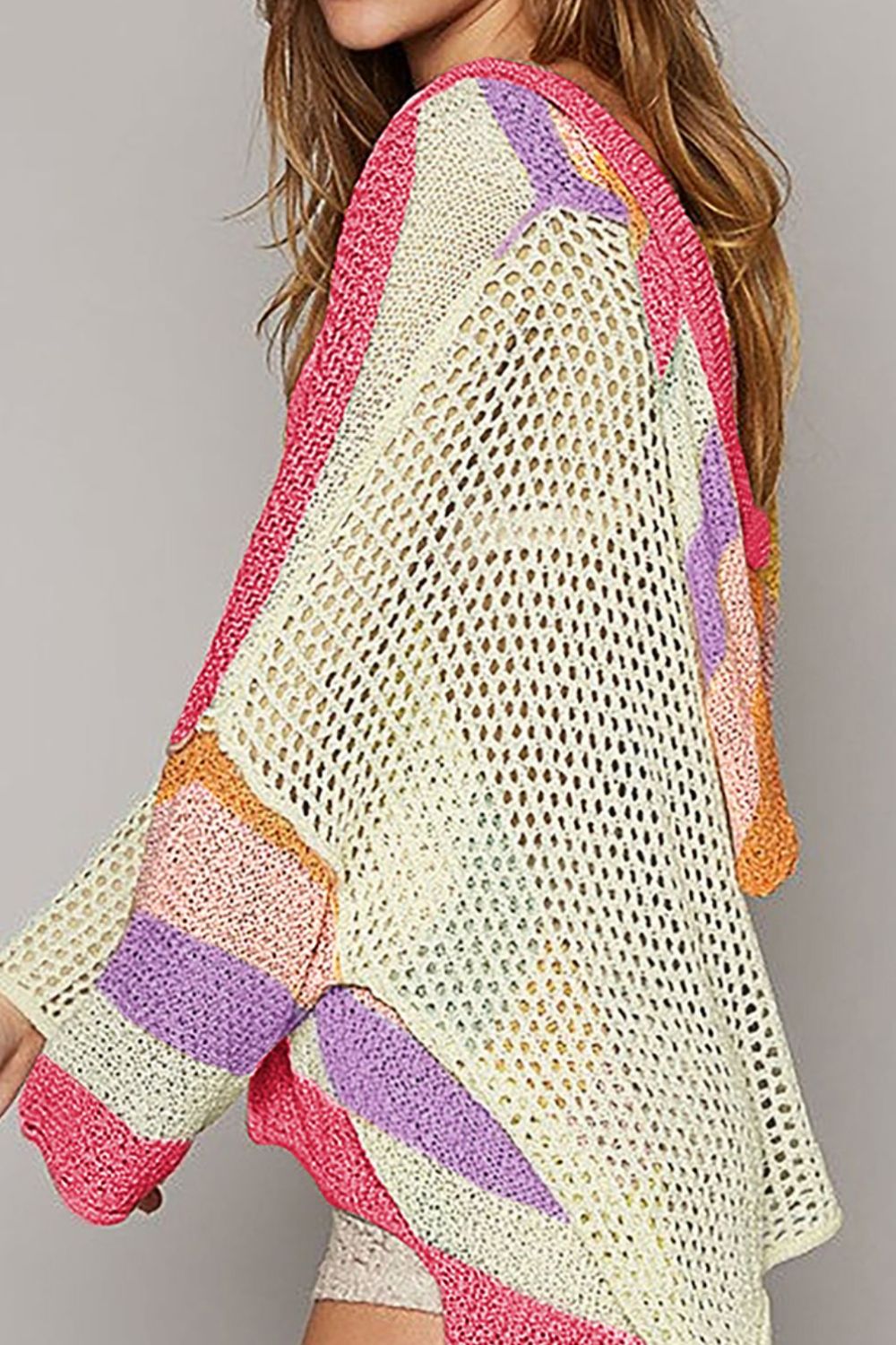 Openwork Color Block Hooded Sweater - Classique Collection