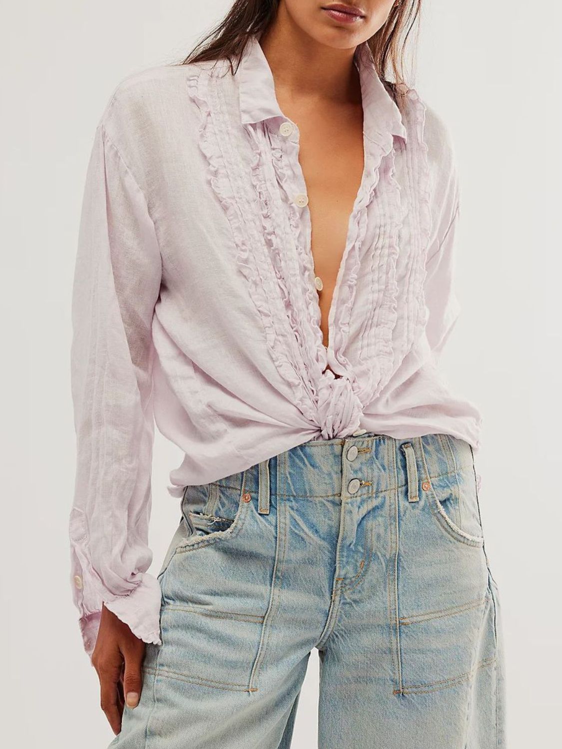Frill Ruched Collared Neck Long Sleeve Shirt - Classique Collection