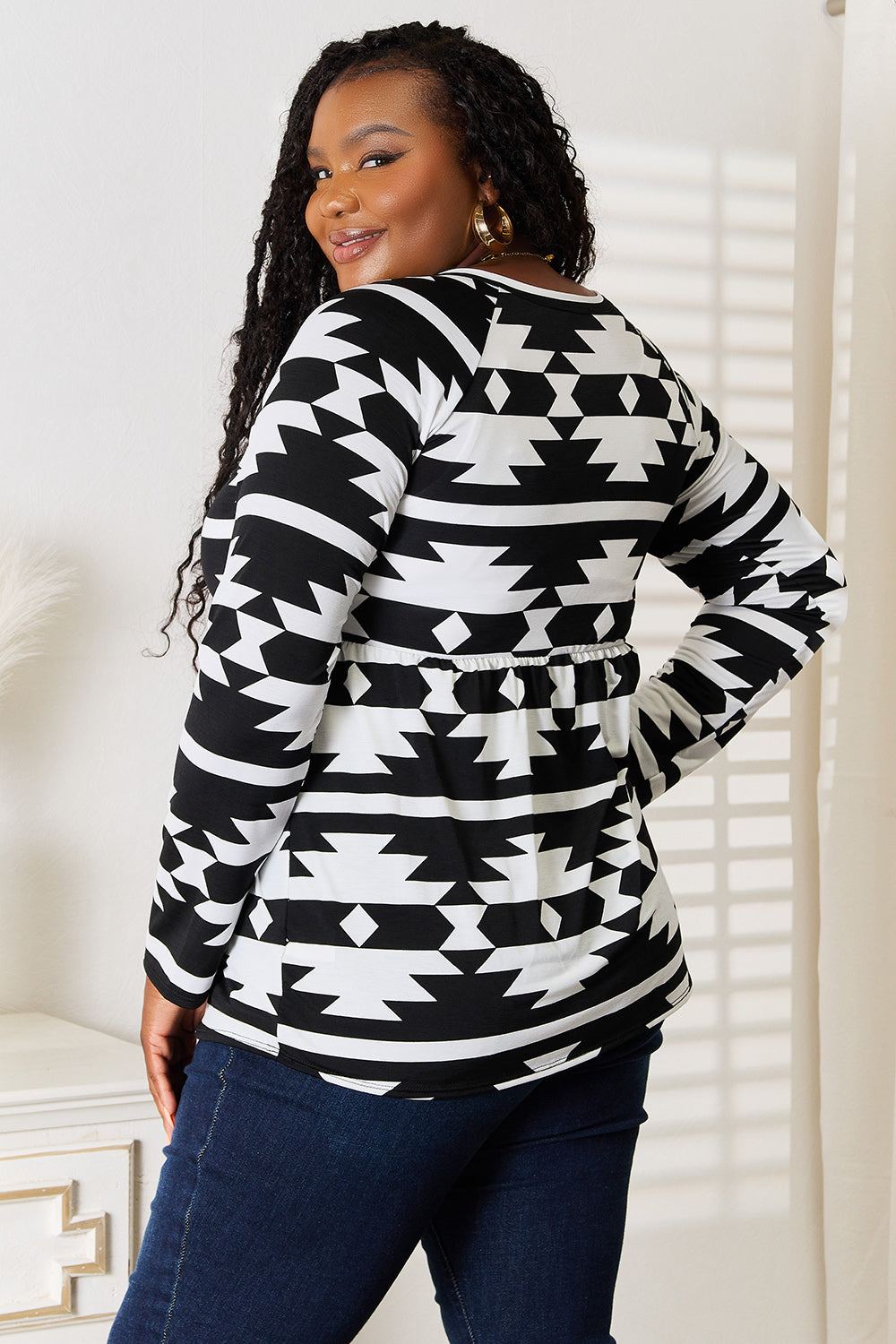 Heimish Full Size Geometric Notched Neck Long Sleeve Top - Classique Collection