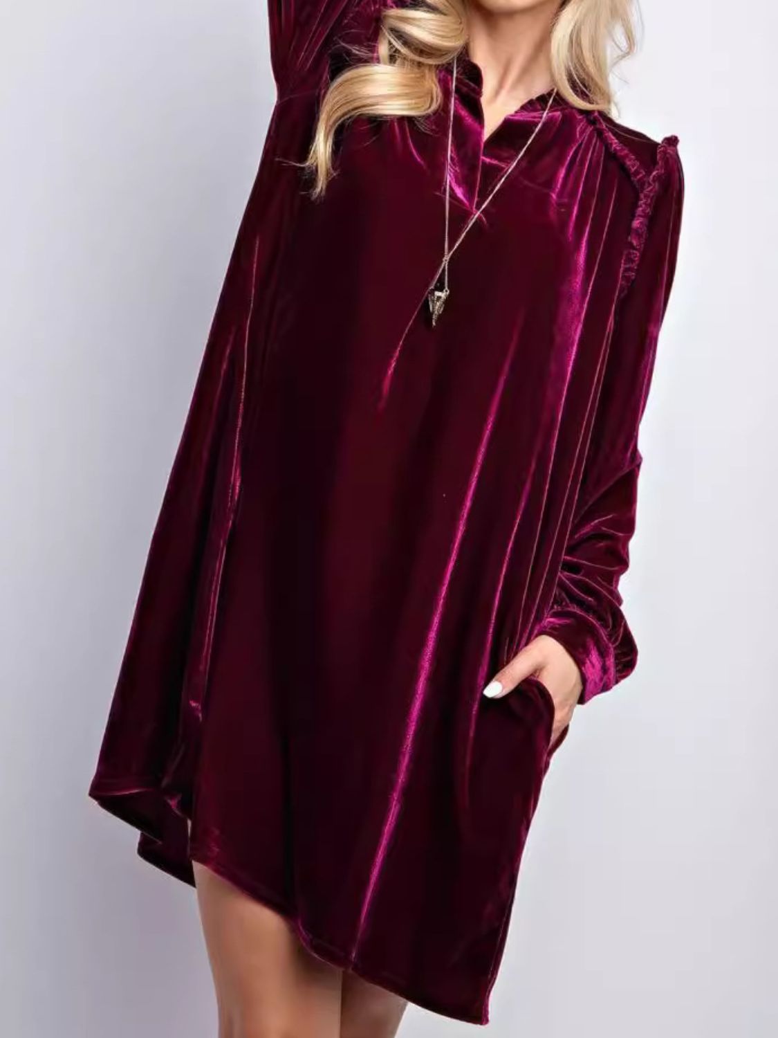 Frill Notched Long Sleeve Dress with Pockets - Classique Collection