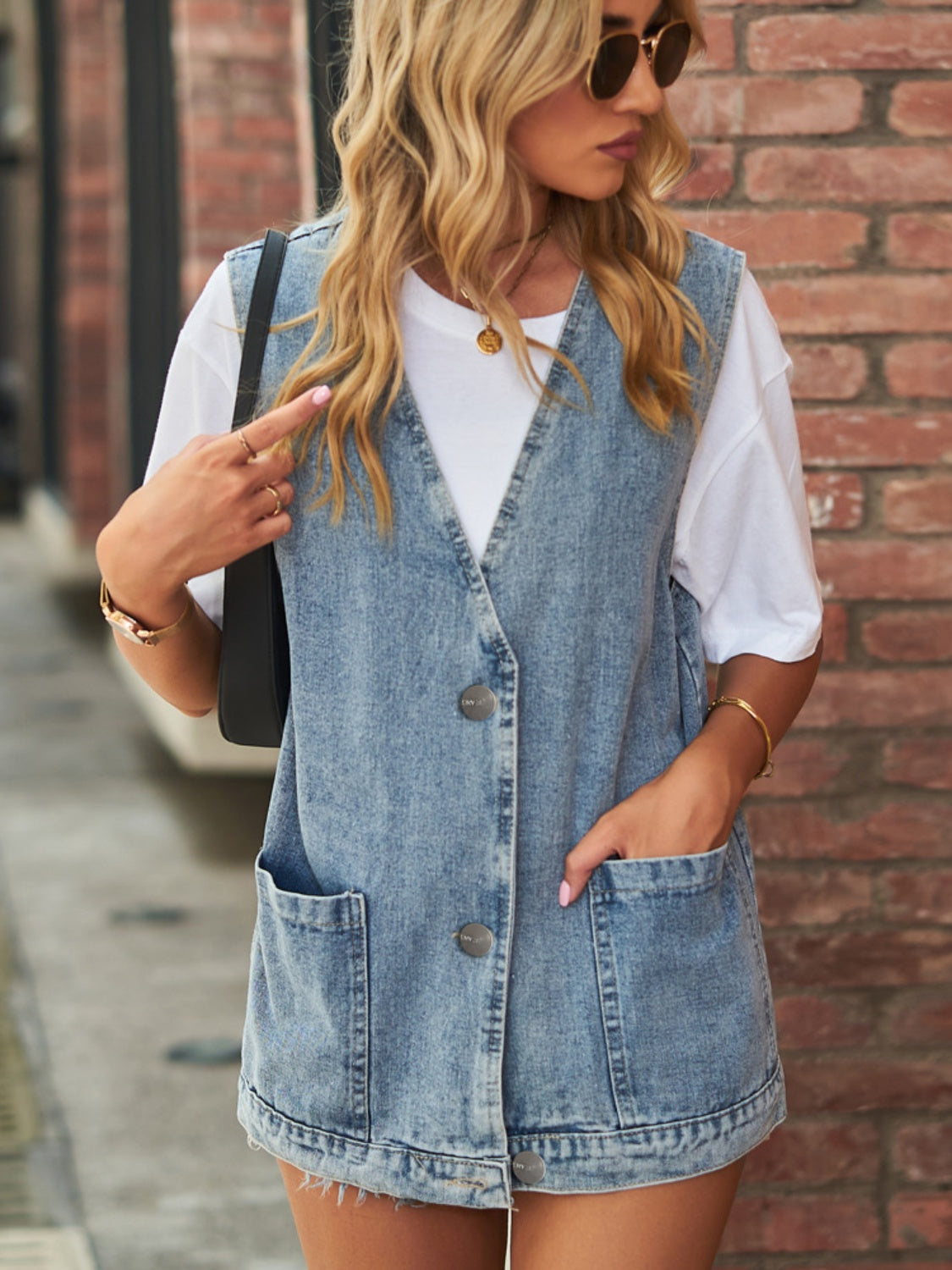 Full Size V-Neck Button Up Denim Vest - Classique Collection