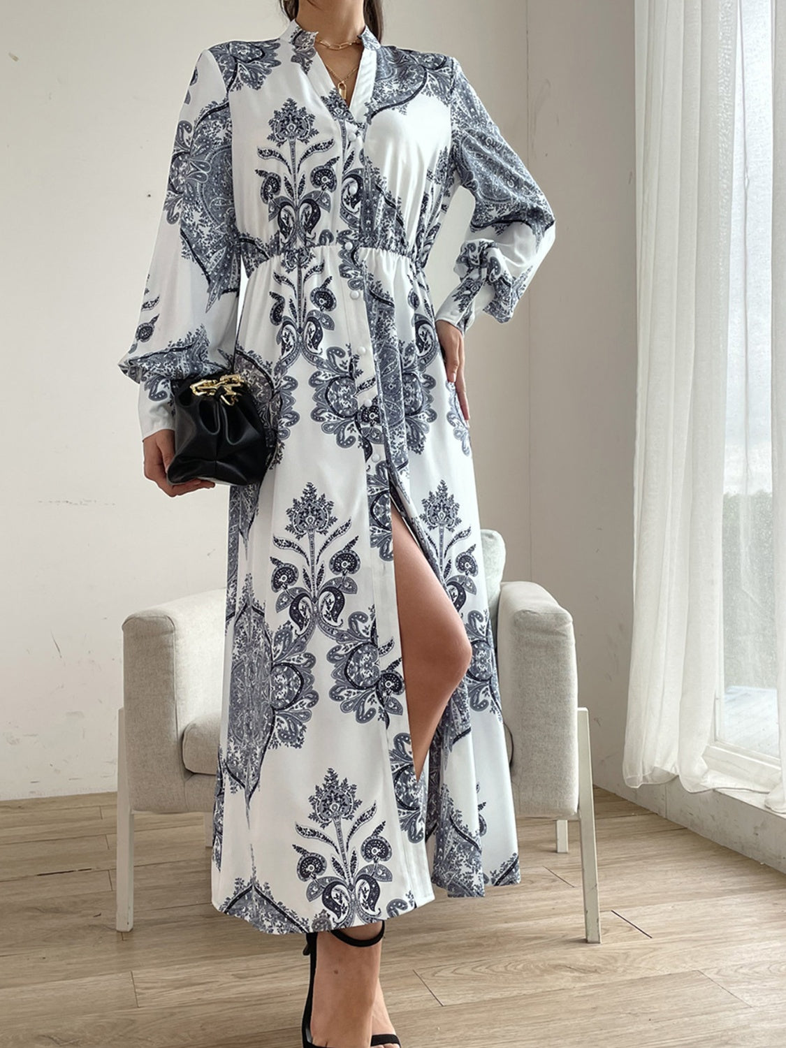 Printed Notched Lantern Sleeve Midi Dress - Classique Collection