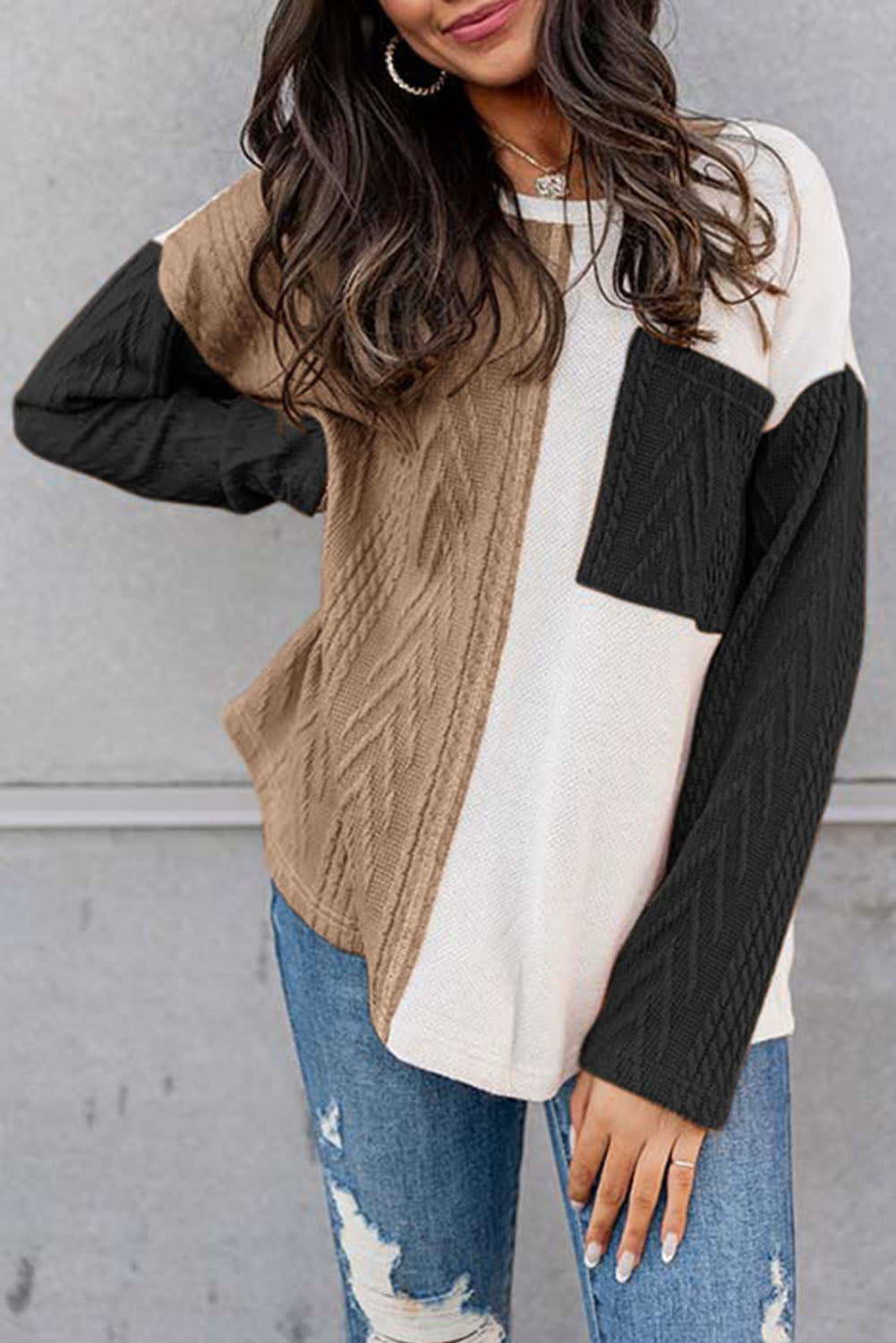 Full Size Color Block Cable-Knit Tops - Classique Collection