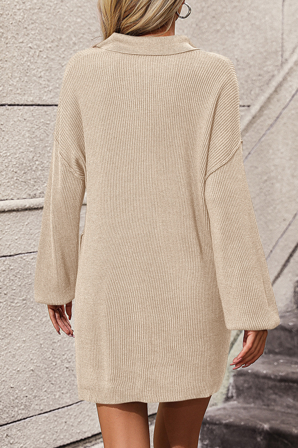 Collared Neck Long Sleeve Sweater Dress with Pockets - Classique Collection