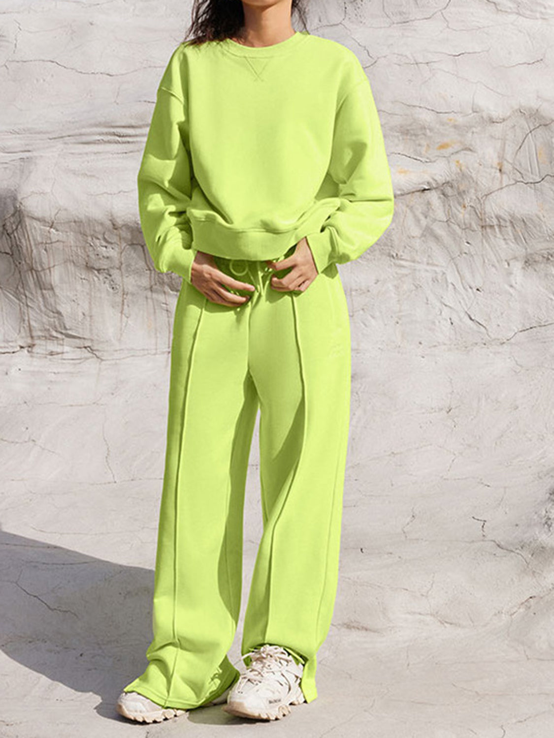 Round Neck Long Sleeve Top and Elastic Waist Pants Set - ClassiQ