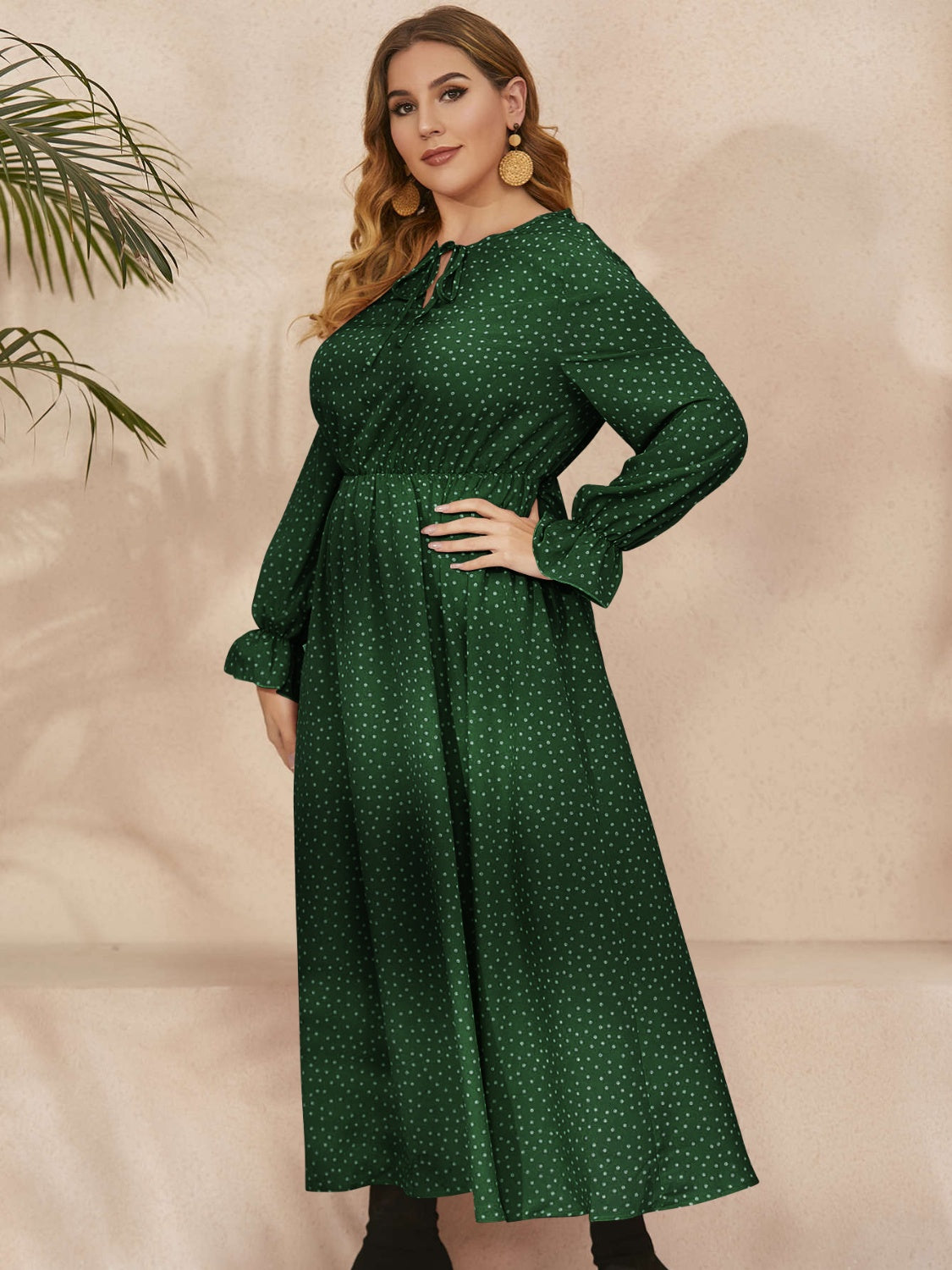 Honey Plus Size Ruffled Polka Dot Long Sleeve Midi Dress - Classique Collection