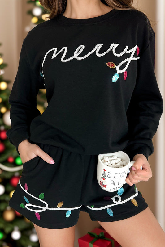 MERRY Sequin Round Neck Long Sleeve Top and Shorts Set - ClassiQ