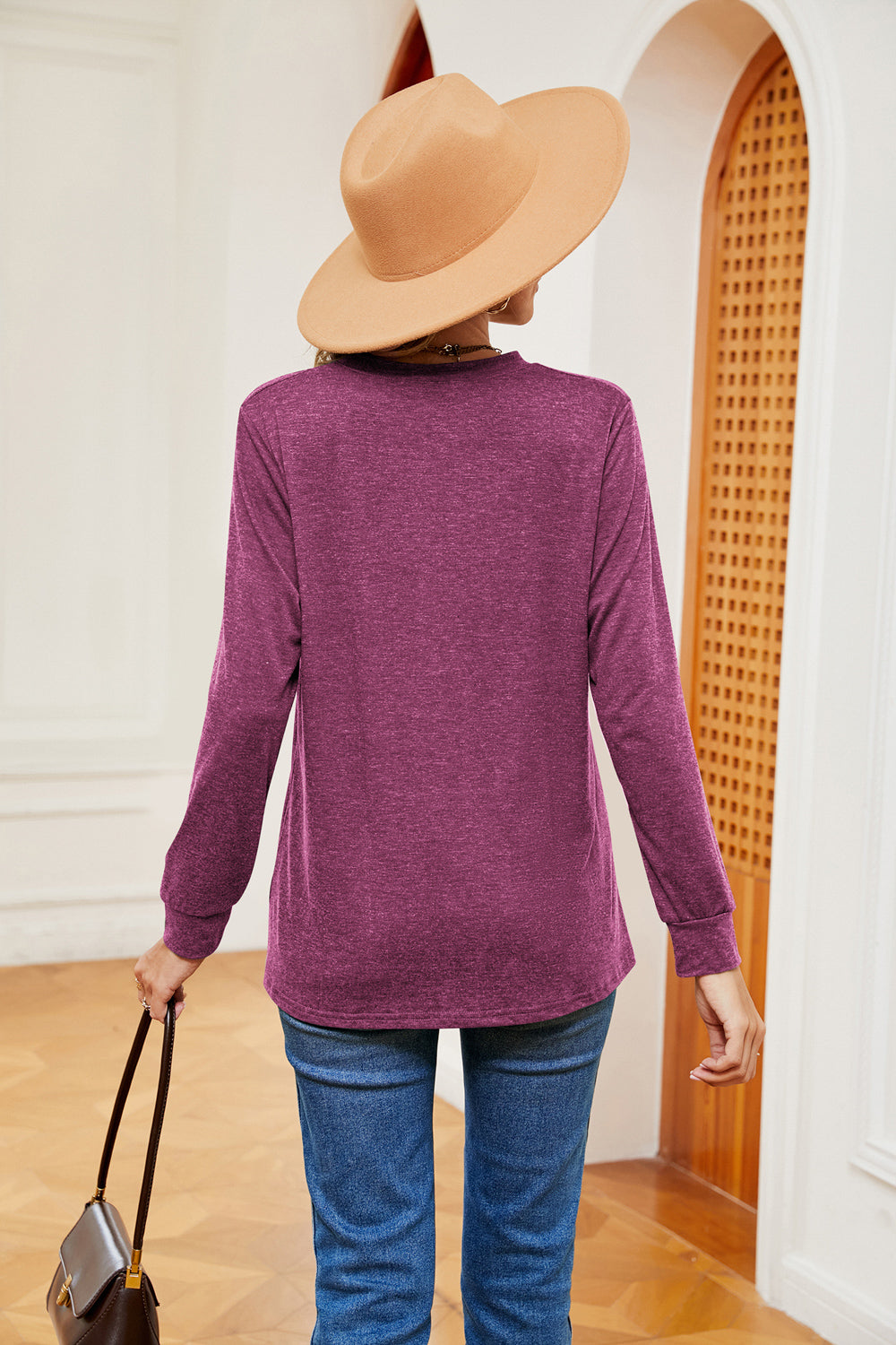 Buttoned Notched Neck Long Sleeve Top - Classique Collection