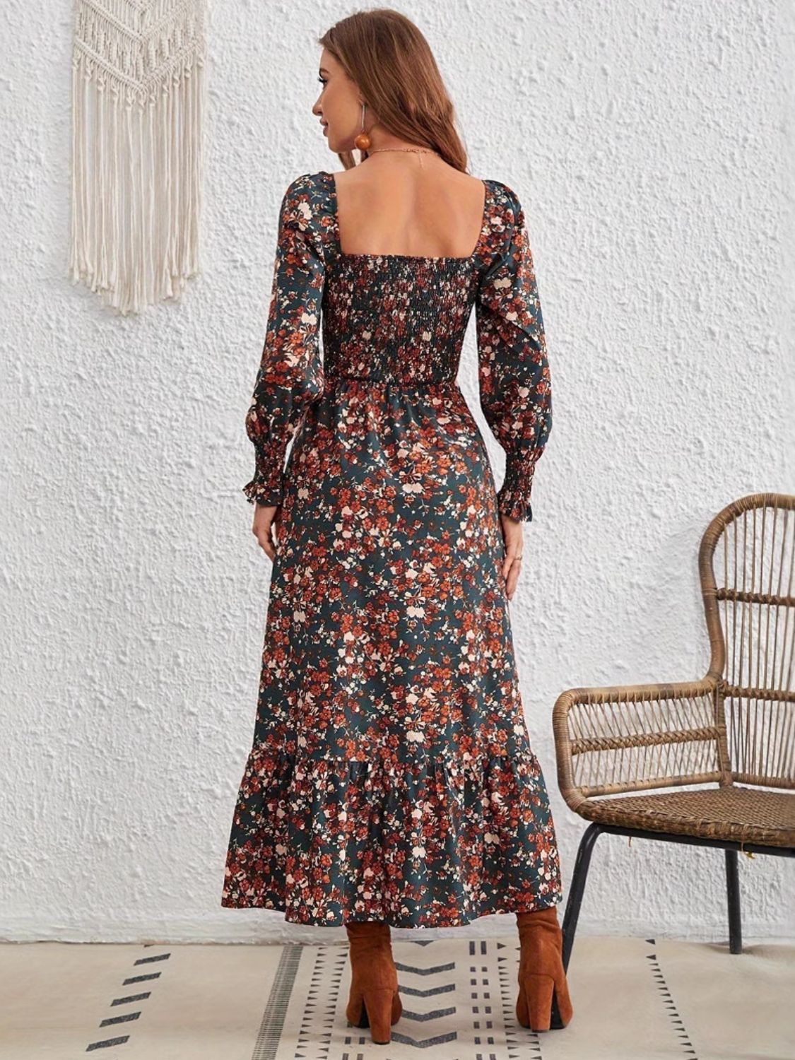 Smocked Floral Square Neck Long Sleeve Dress - Classique Collection