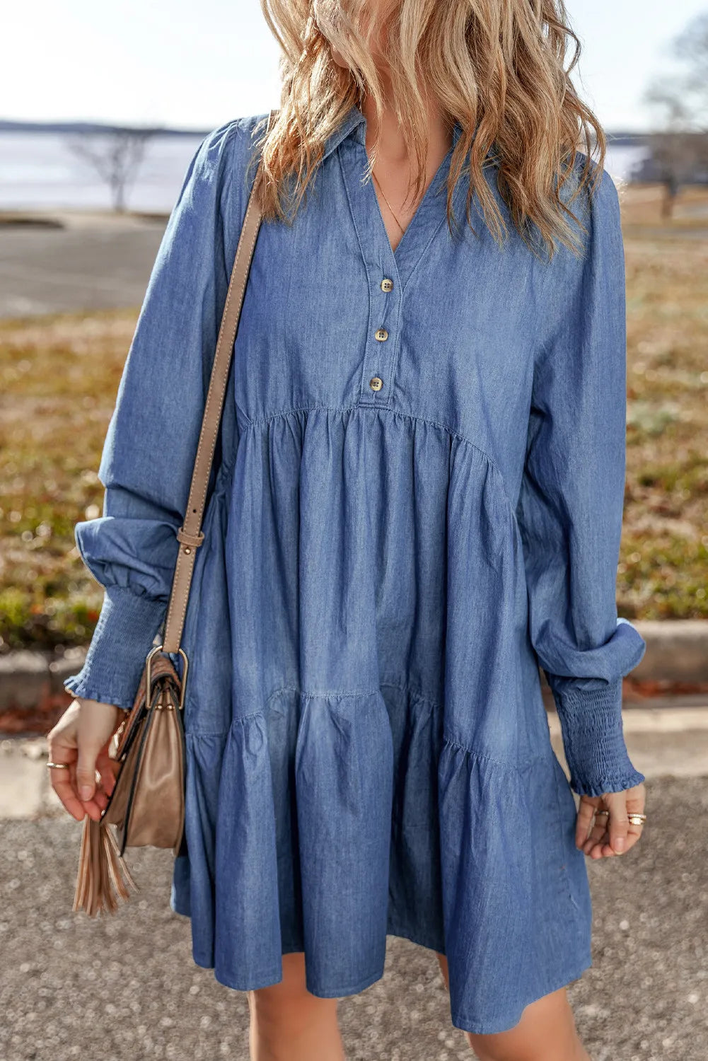 Tiered Johnny Collar Long Sleeve Denim Dress - Classique Collection