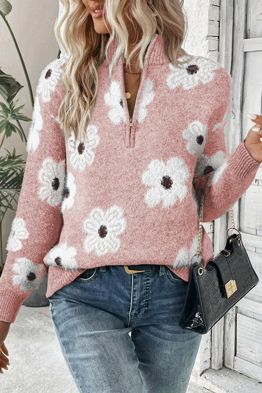 Flower Half Zip Long Sleeve Sweater - ClassiQ