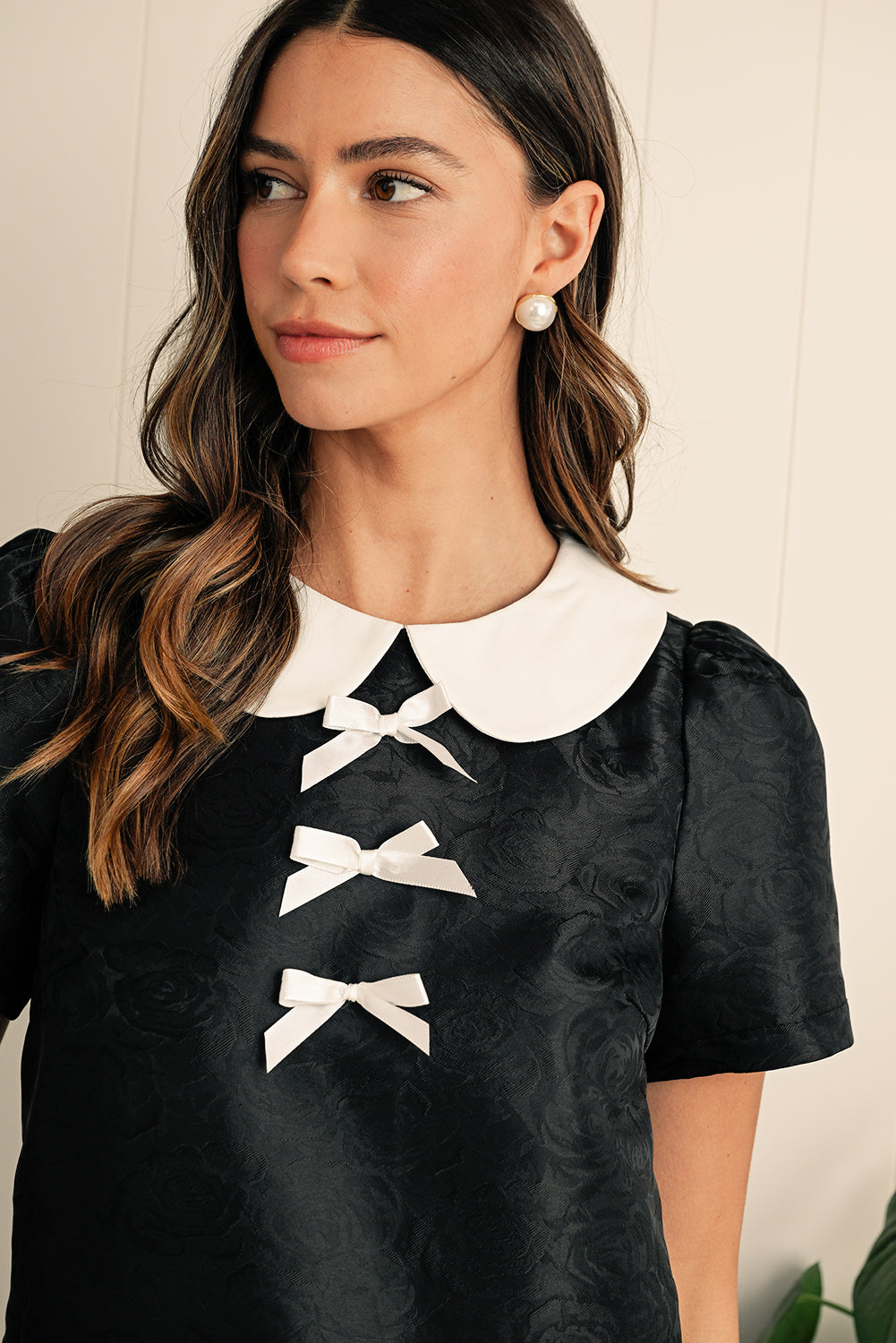 Black Elegant Floral Bow Detail Puff Sleeve Mini Dress - ClassiQ