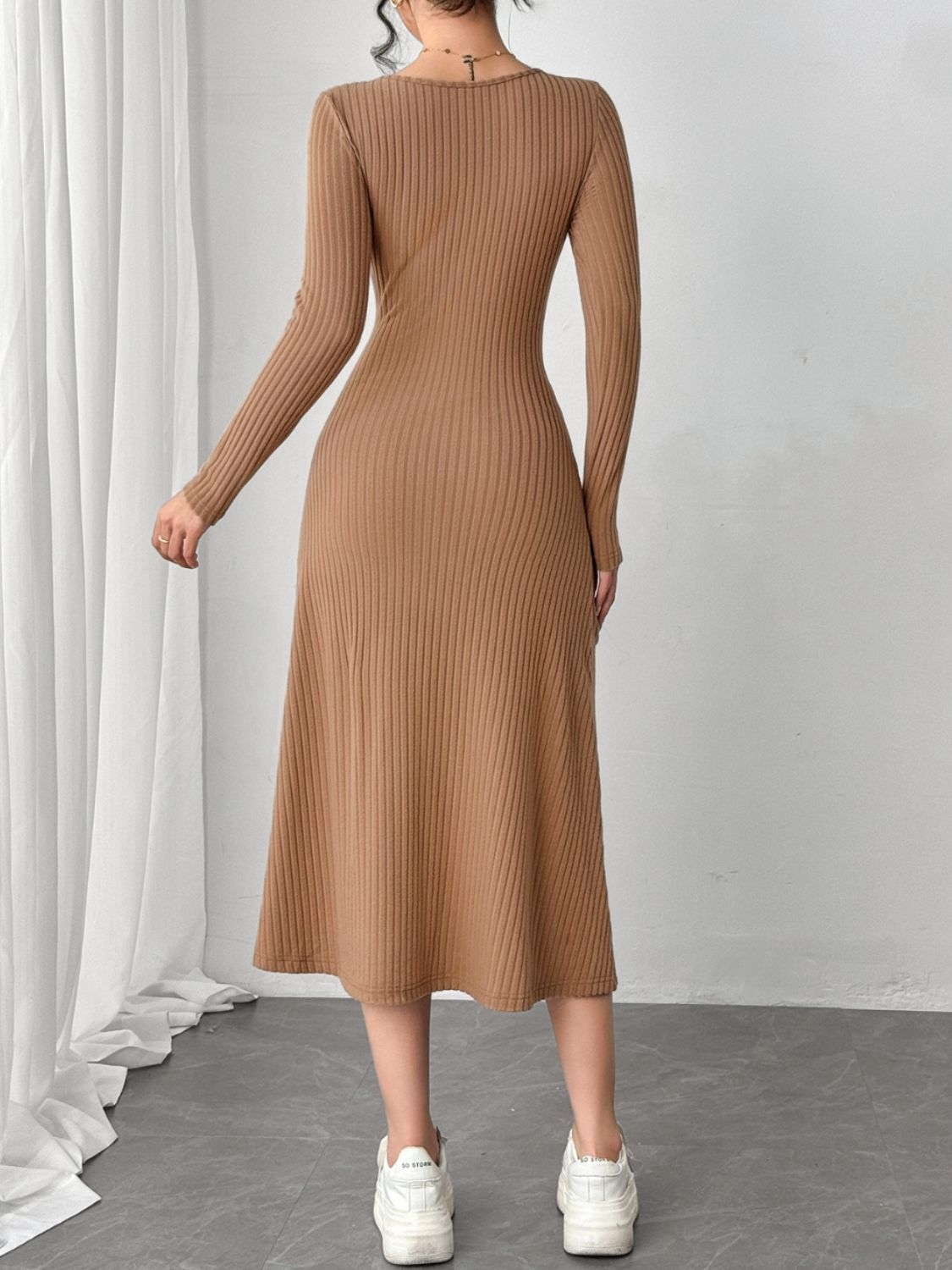Square Neck Long Sleeve Midi Wrap Dress - Classique Collection