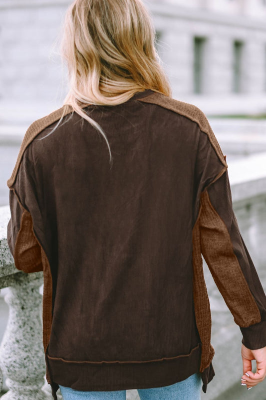 Ribbed Exposed Seam Dropped Shoulder Blouse - Classique Collection