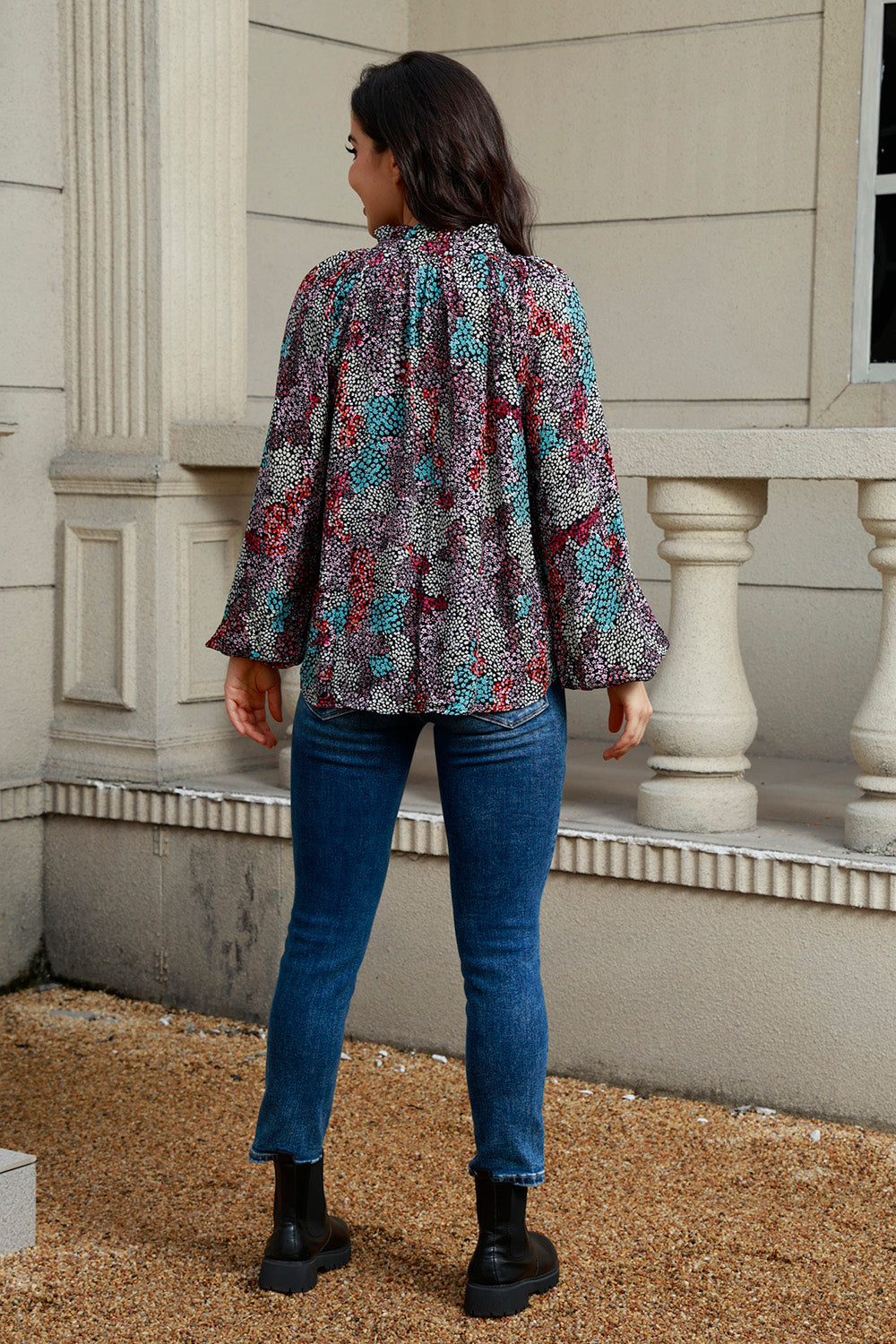 Tie Neck Heathered Balloon Sleeve Blouse - Classique Collection