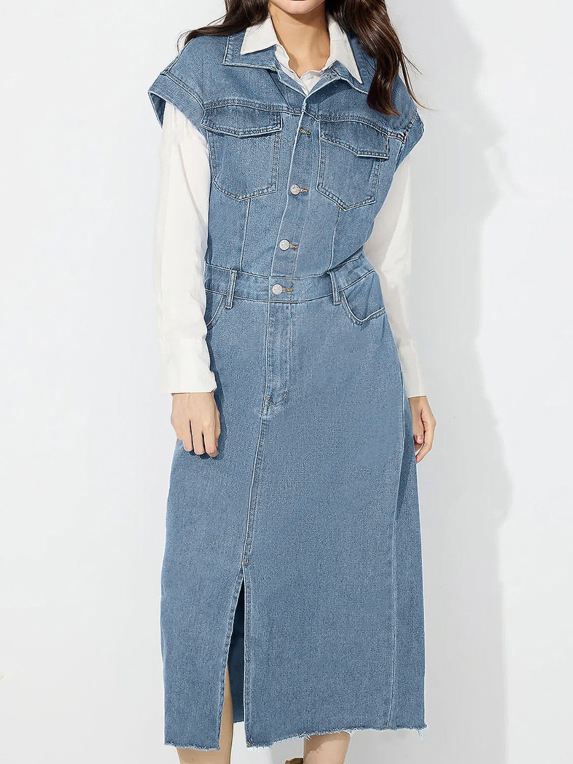 Slit Half Button Collared Neck Cap Sleeve Denim Dress - Classique Collection