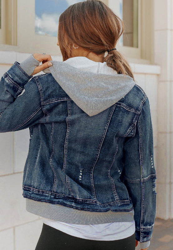 Fake Two-Piece Hooded Zip-Up Denim Jacket - Classique Collection