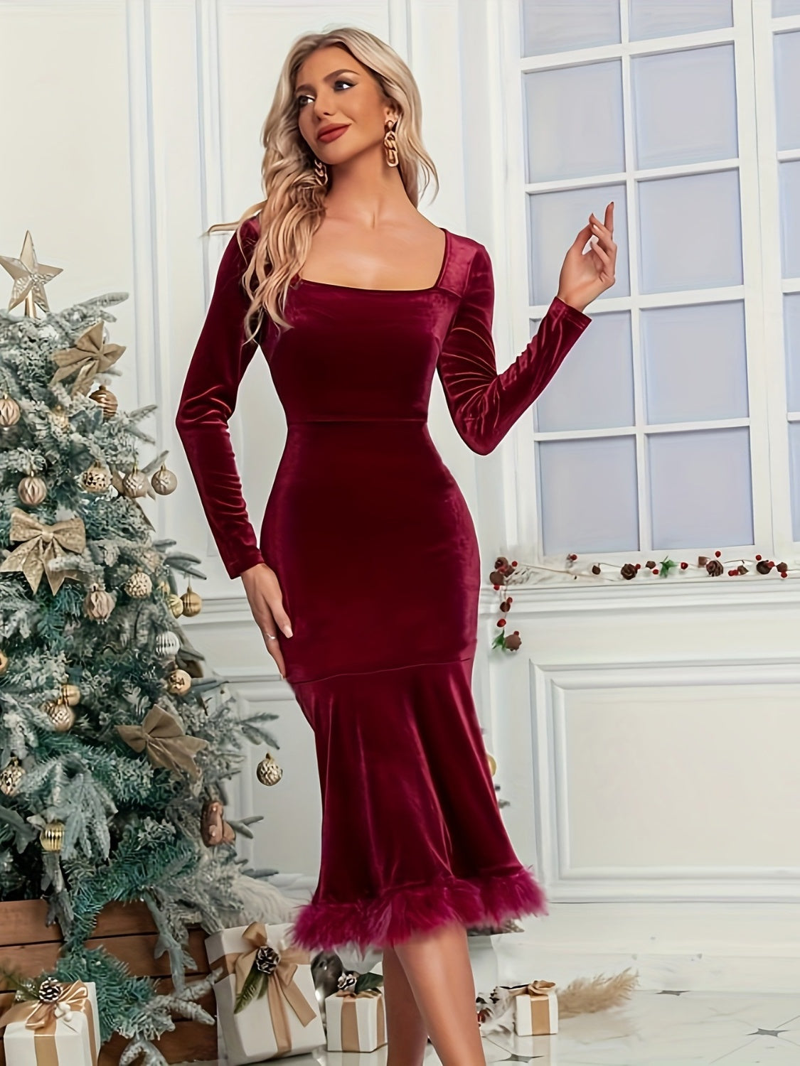 Plush Hem Square Neck Long Sleeve Dress - Classique Collection