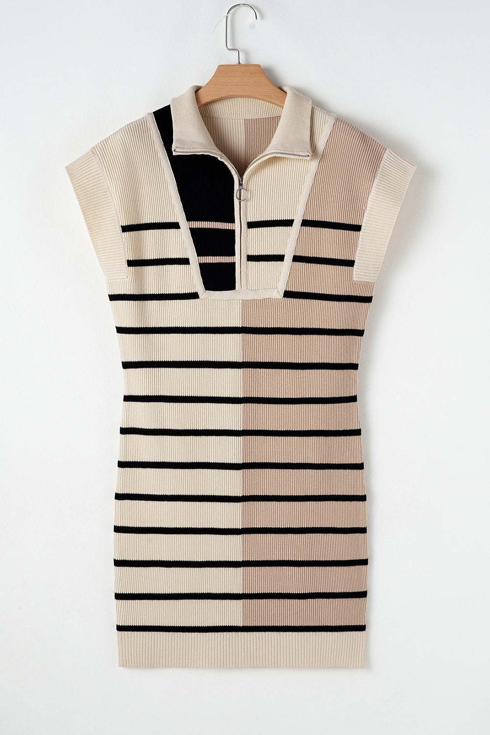 Striped Quarter Zip Cap Sleeve Sweater Dress - ClassiQ