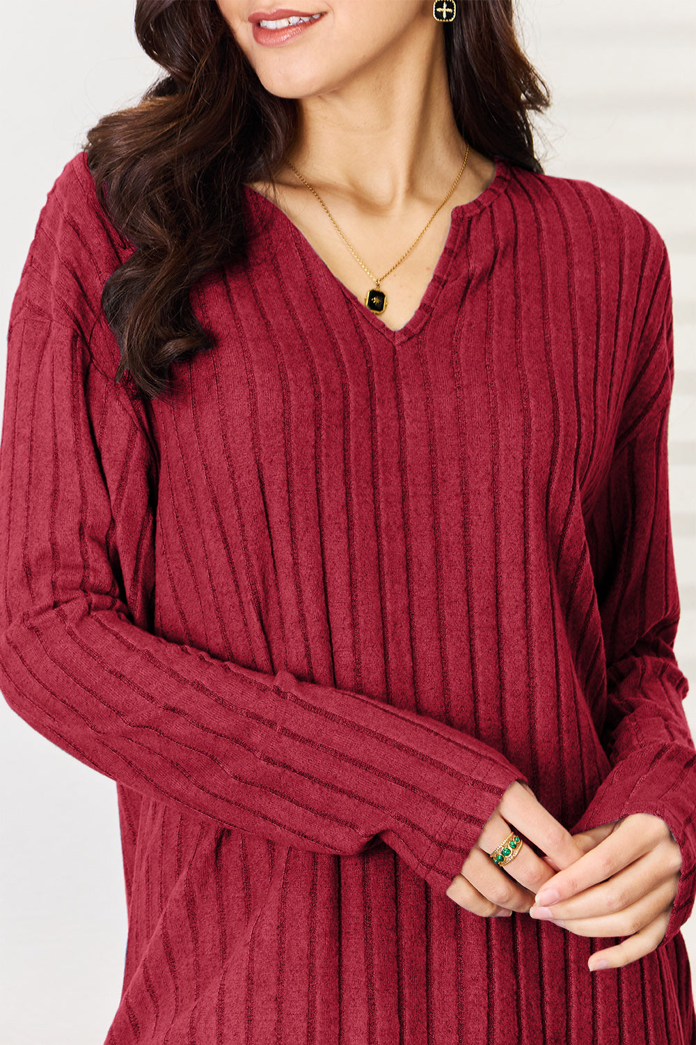 Basic Bae Full Size Notched Long Sleeve Top and Pants Set - ClassiQ